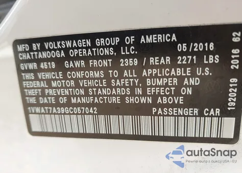 2016 Volkswagen Passat 1.8T S from USA, damaged, VIN 1VWAT7A39GC057042